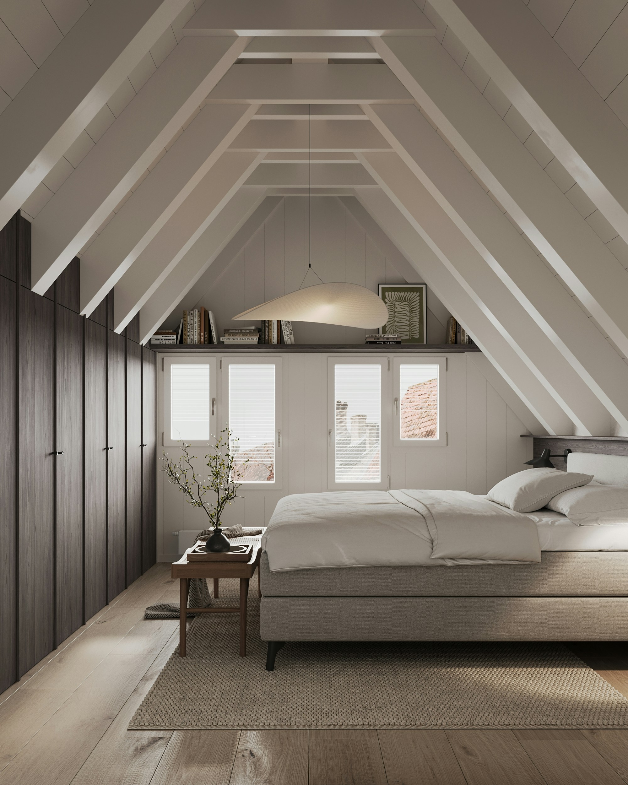 camera da letto con tetto a doghe e letto bianco